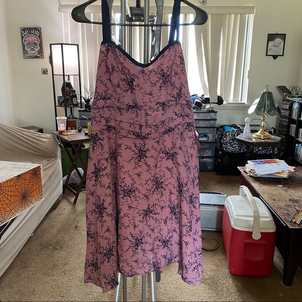 Unique Vintage Purple and Navy Floral Print Flare Dress